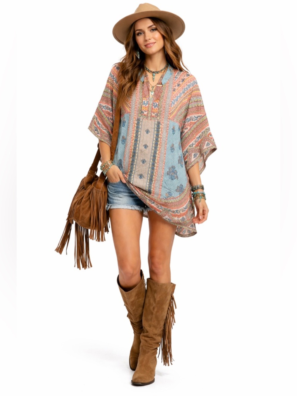 Tolani Collection Mandarin Printed Caftan Tunic Boho Mixed Print V-Neck